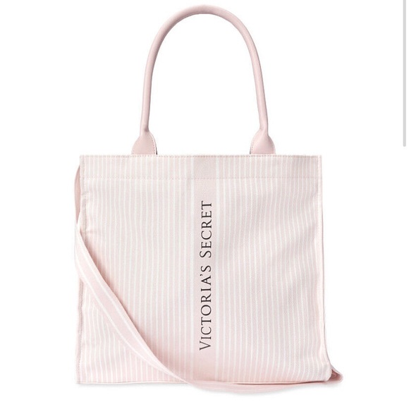 NWT VS Limited Edition Signature Stripe Logo Canvas Shopper Tote Bag, Pink/White - Picture 2 of 5